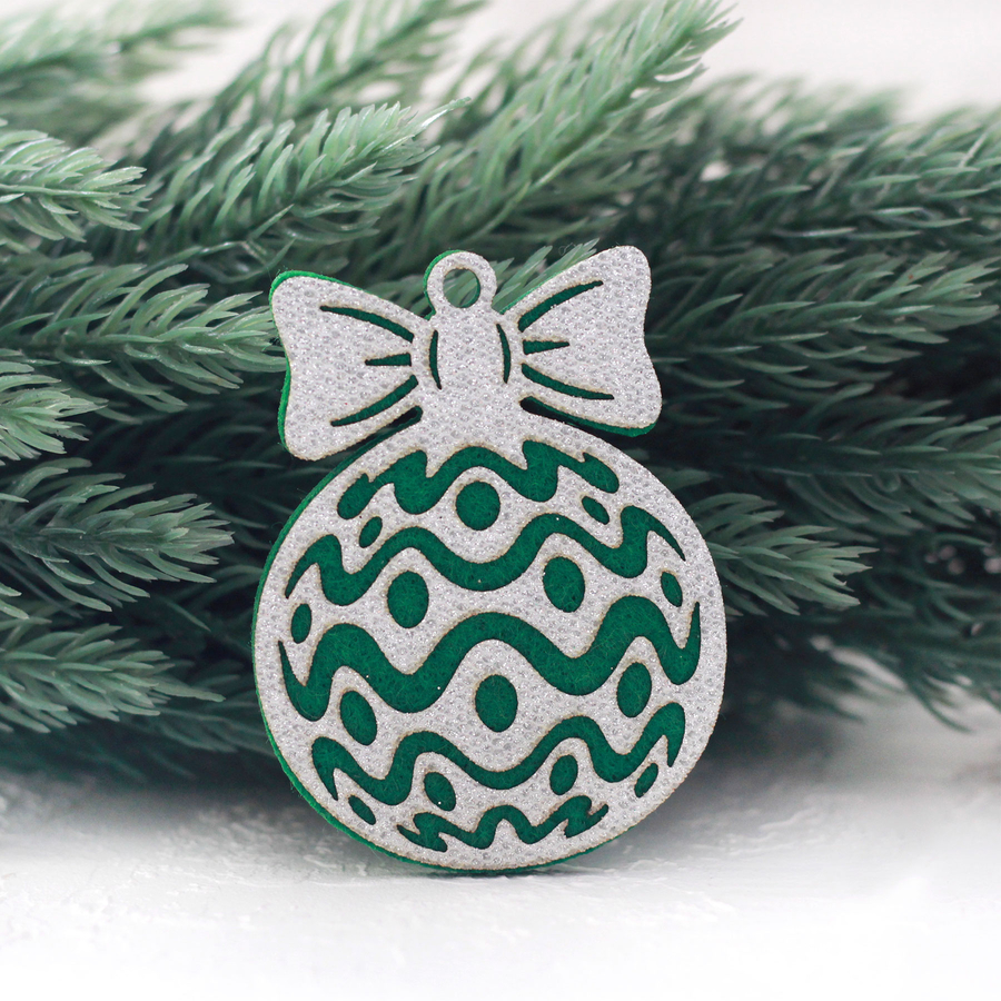 Green felt ornament ball with silver glitter, wave / 2 pcs - 1