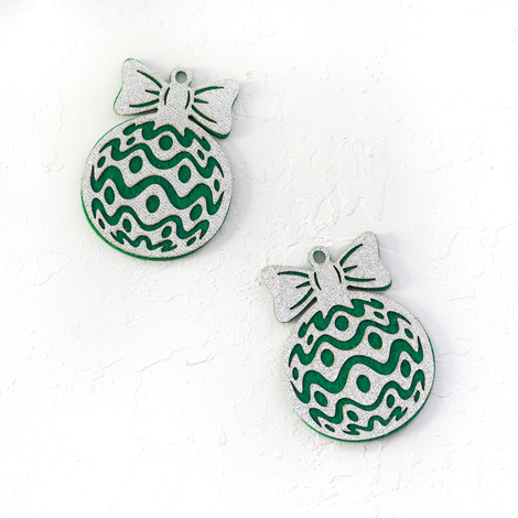 Green felt ornament ball with silver glitter, wave / 2 pcs - 3