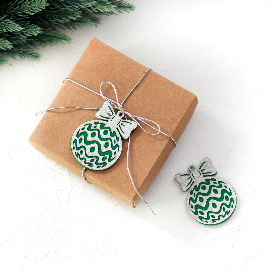 Green felt ornament ball with silver glitter, wave / 2 pcs - 2