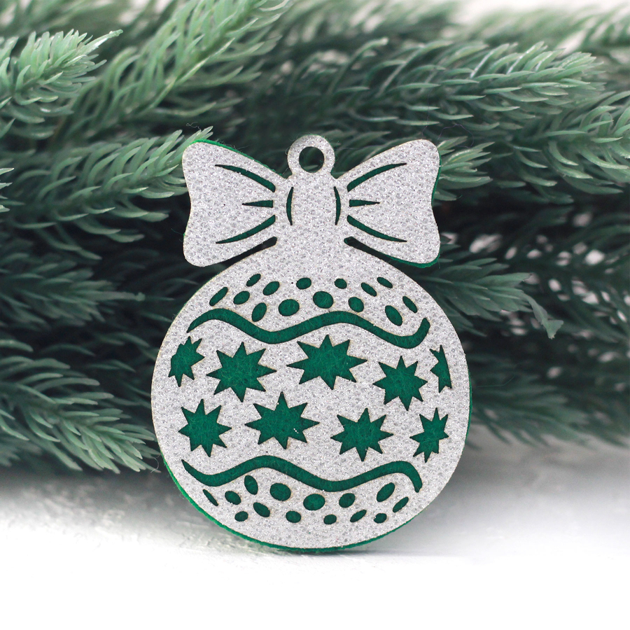 Green felt ornament ball with silver glitter, star / 2 pcs - 1