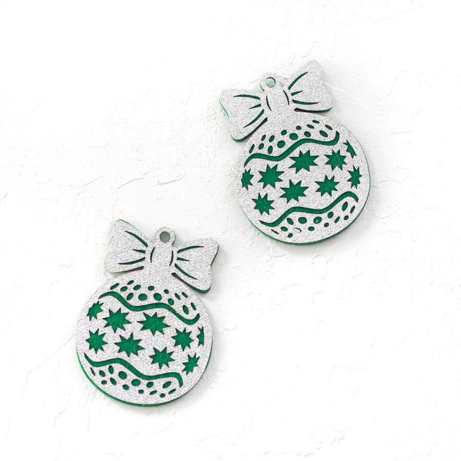 Green felt ornament ball with silver glitter, star / 2 pcs - 3