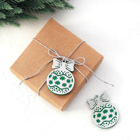 Green felt ornament ball with silver glitter, star / 2 pcs - 2