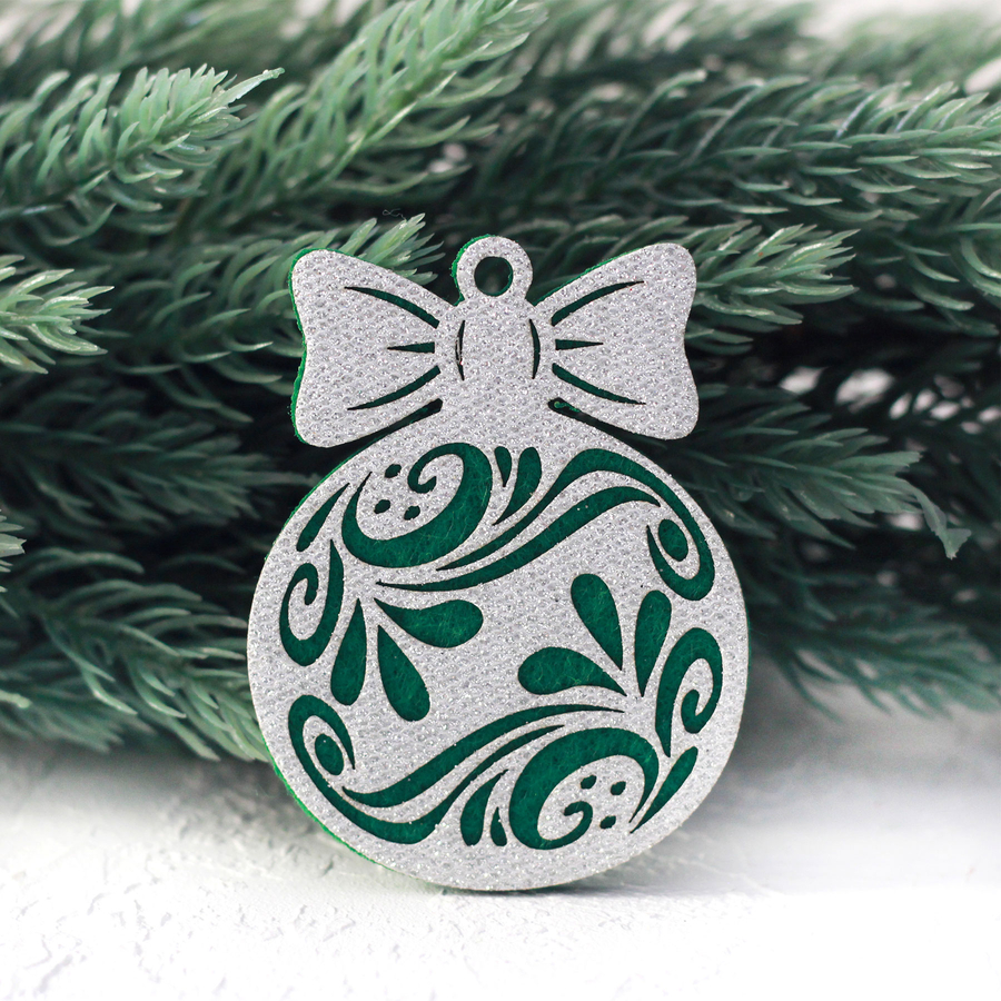 Green felt ornament ball with silver glitter, floral / 4 pcs - 1