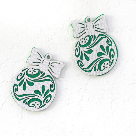 Green felt ornament ball with silver glitter, floral / 2 pcs - 3