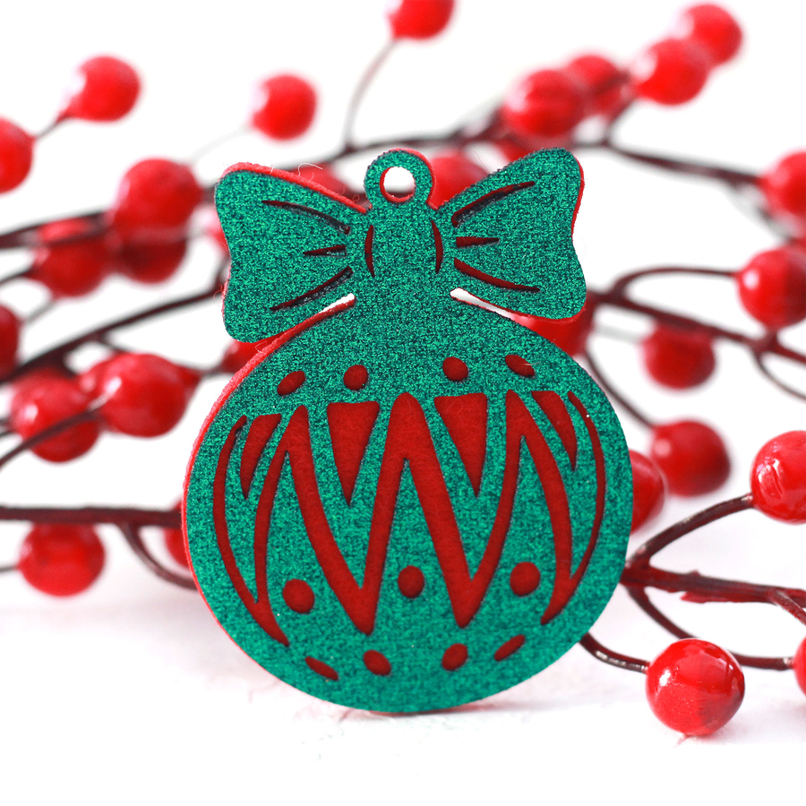 Felt ornament ball with green glitter on red, basic / 2 pcs - 1