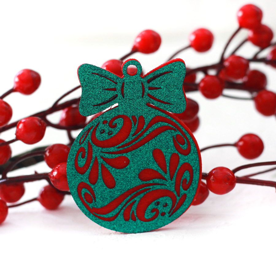 Felt ornament ball with green glitter on red, floral / 4 pcs - 1