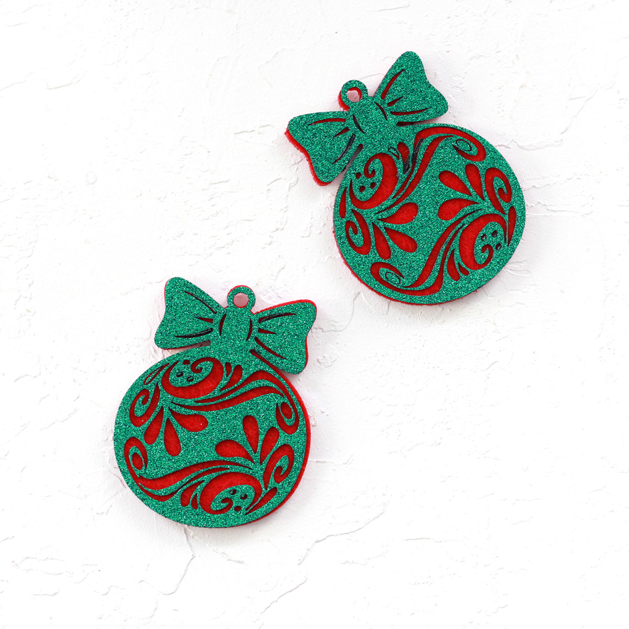 Felt ornament ball with green glitter on red, floral / 2 pcs - 3