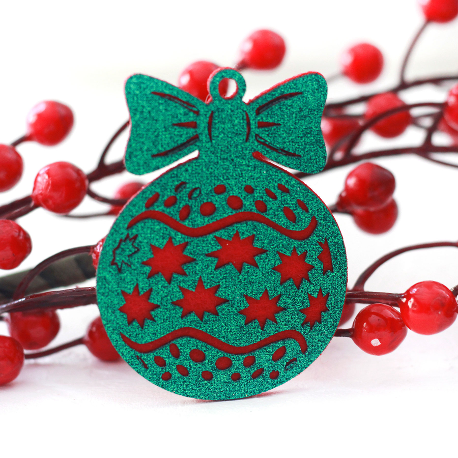 Red on green glitter felt ornament ball, star / 2 pcs - 1