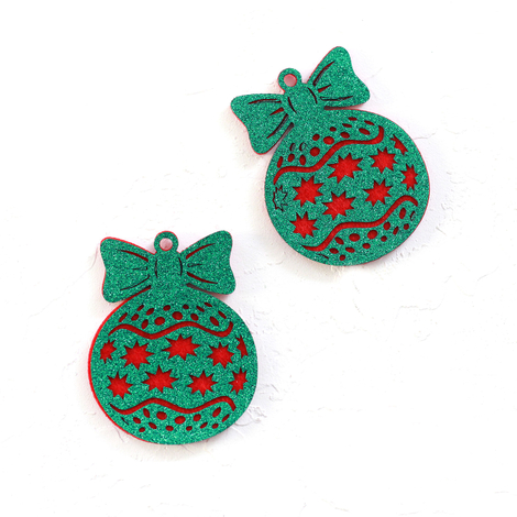 Red on green glitter felt ornament ball, star / 2 pcs - 3