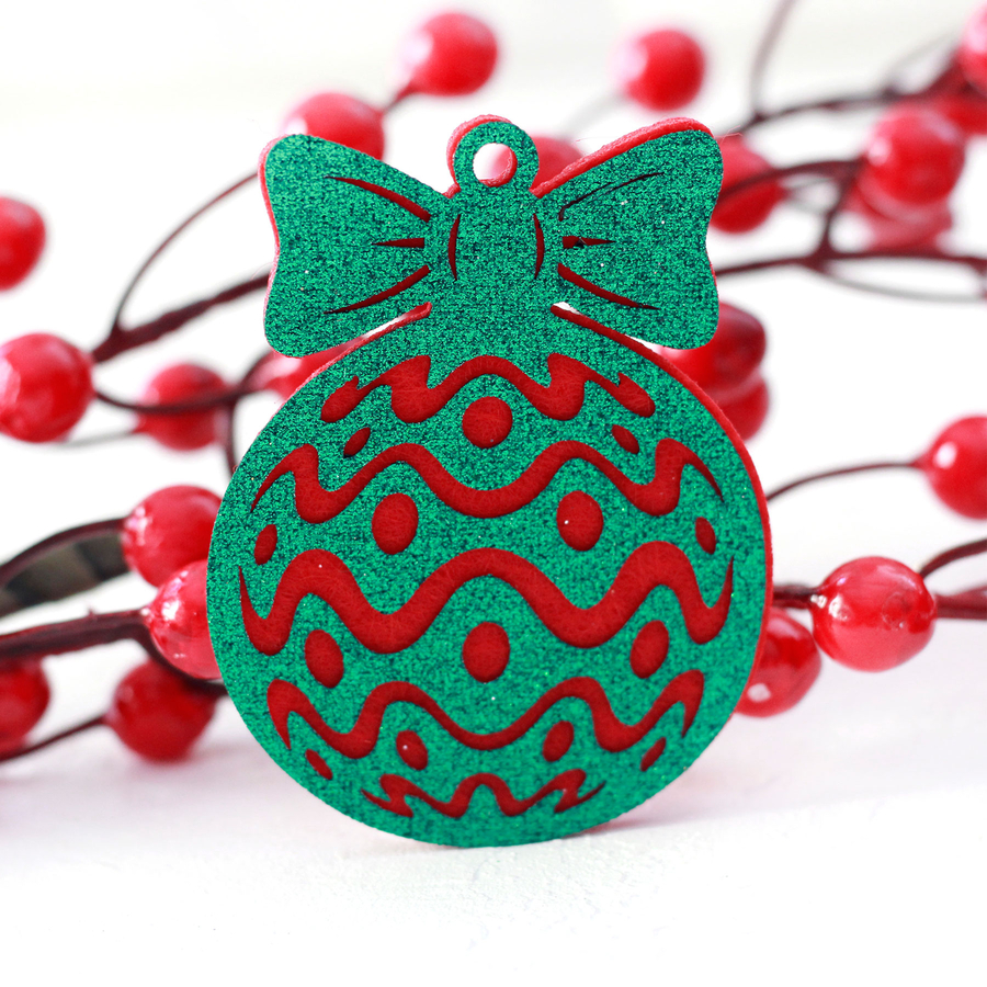 Felt ornament ball with green glitter on red, wave / 2 pcs - 1