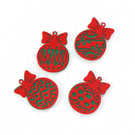 Green on red felt ornament ball, floral / 2 pcs - 4