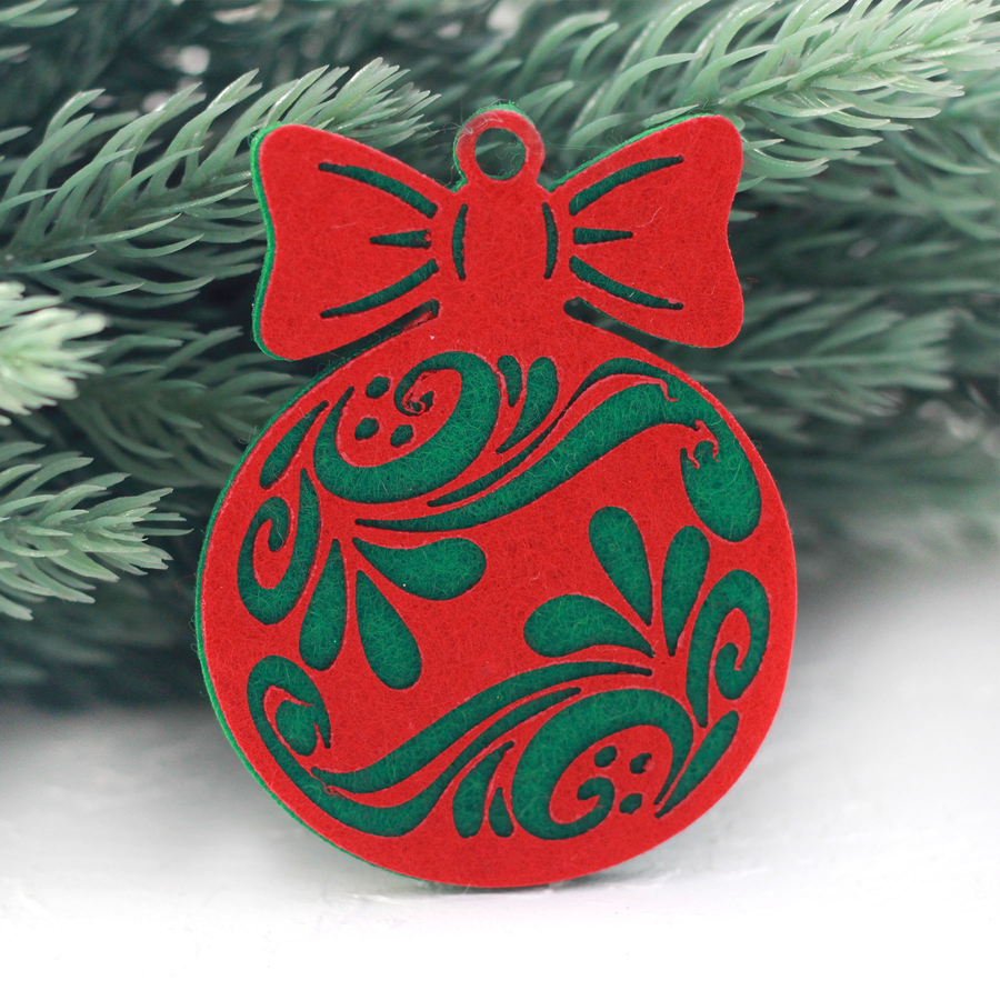 Green on red felt ornament ball, floral / 2 pcs - 1