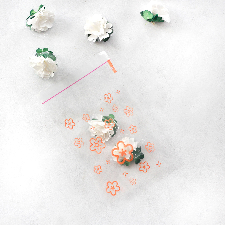 Clear Bags with orange flower pattern, adhesive / 10x15 cm (1000 pcs) - 1