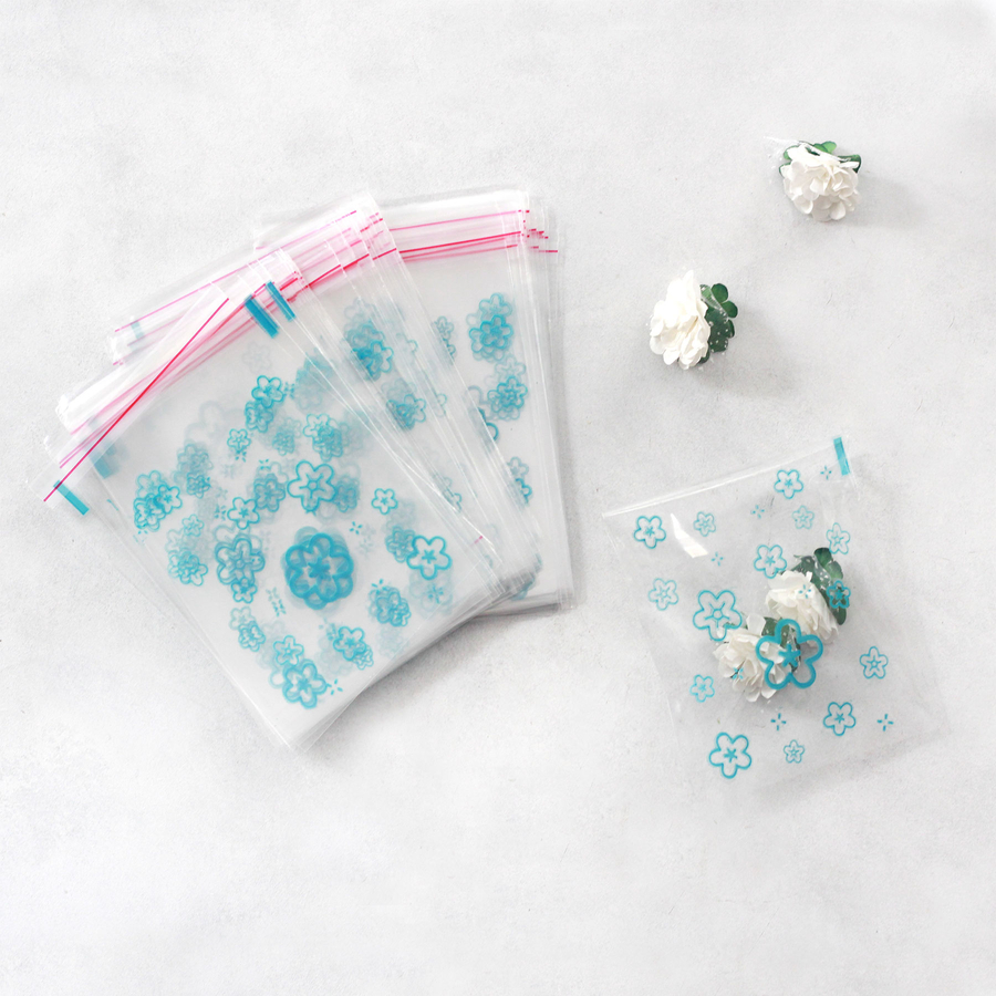 Clear Bag with blue floral pattern, adhesive / 10x15 cm (100 pcs) - 2