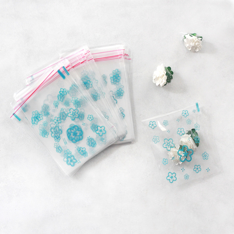 Clear Bag with blue floral pattern, adhesive / 10x15 cm (1000 pcs) - 2