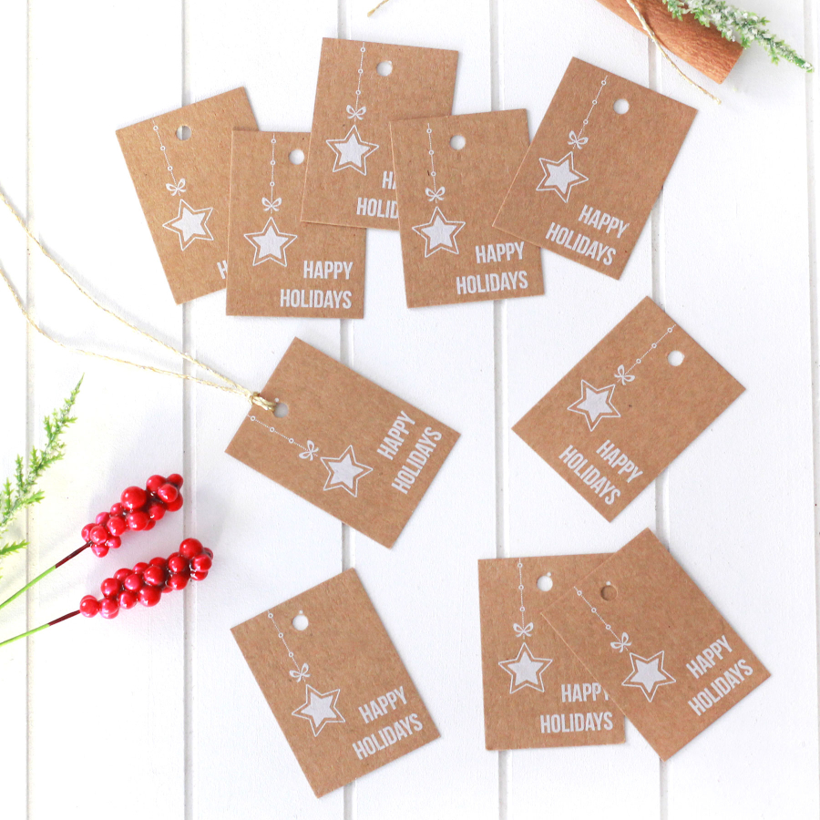 Christmas kraft rectangular Hang Tags, Happy Holidays / 10 pcs (3.5x4.9 cm) - 1