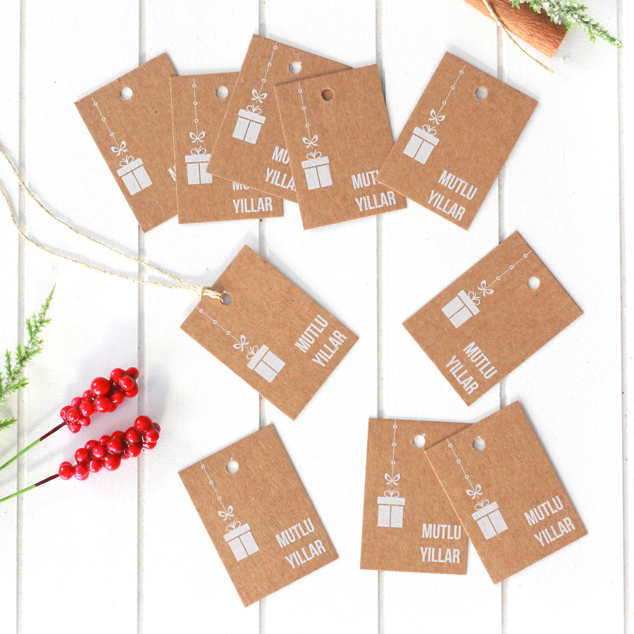 Christmas kraft rectangular Hang Tags, Happy New Year / 10 pcs (3.5x4.9 cm) - 1