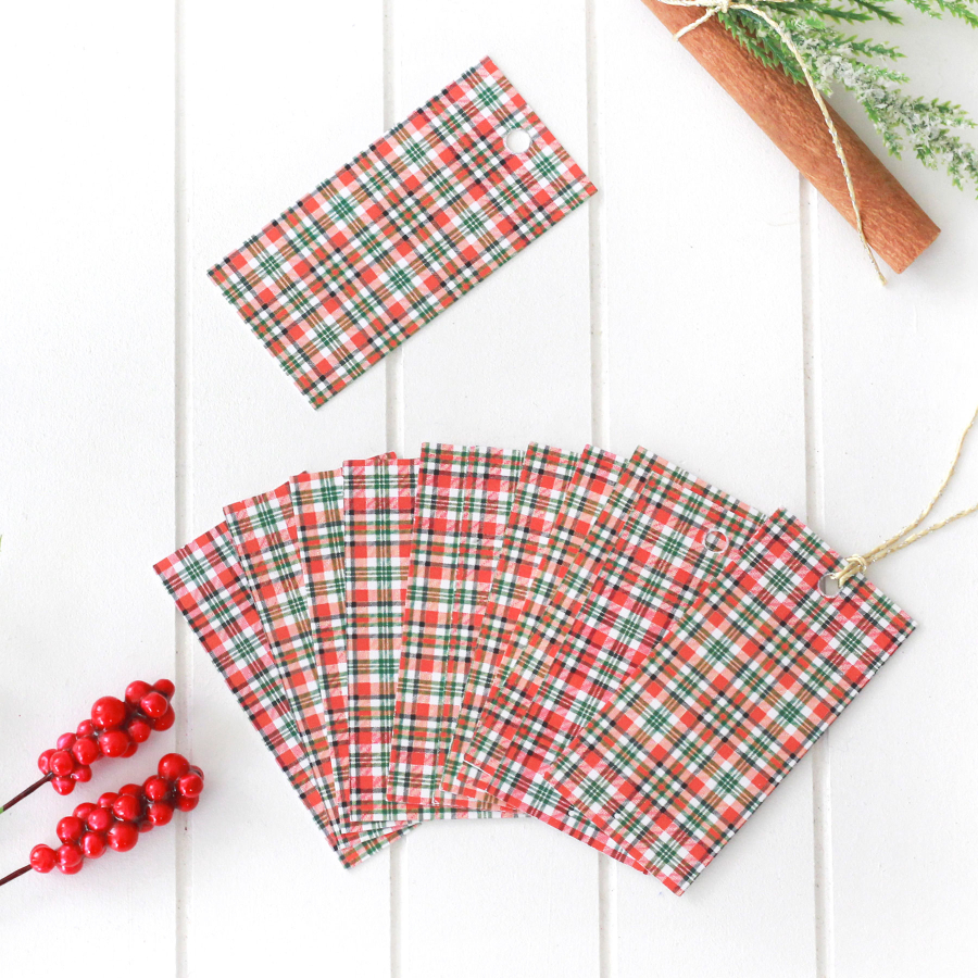 Christmas checkered rectangular Hang Tags, Red / 10 pcs (3.5x7 cm) - 1