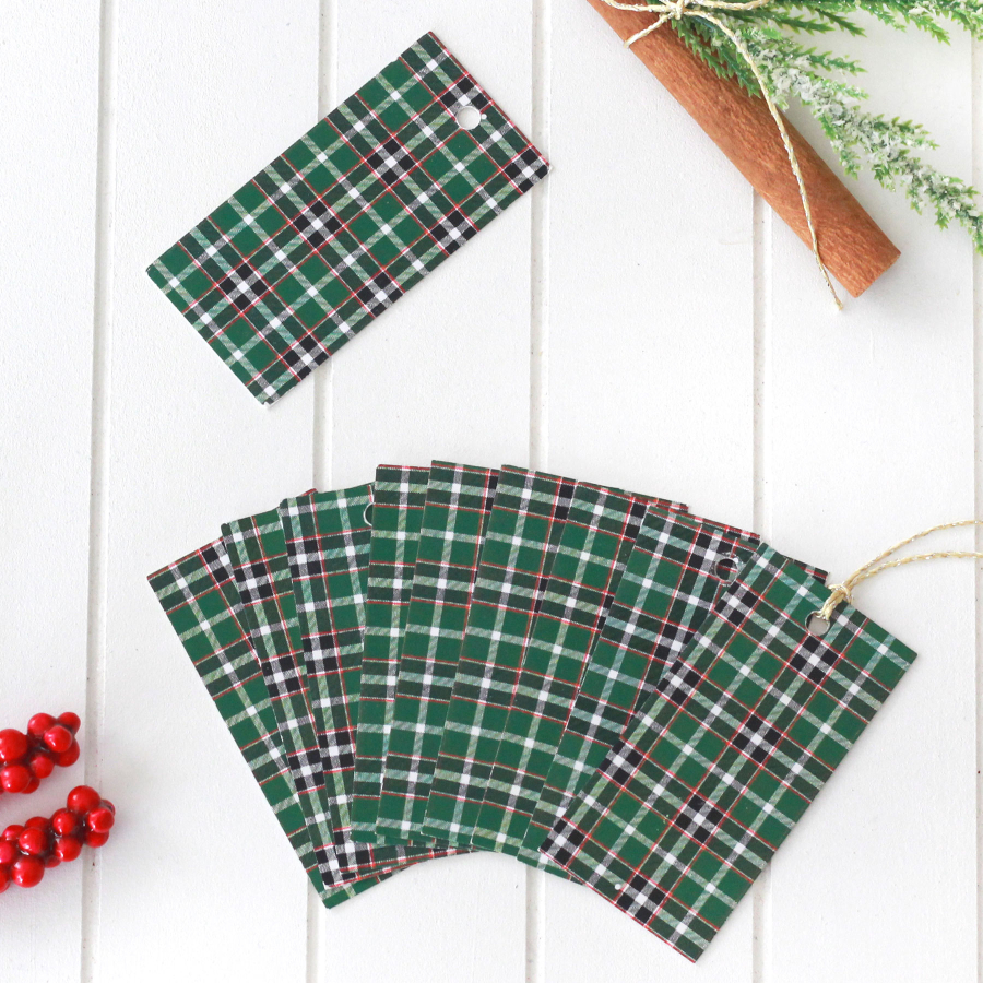 Christmas checkered rectangular Hang Tags, Green / 10 pcs (3.5x7 cm) - 1