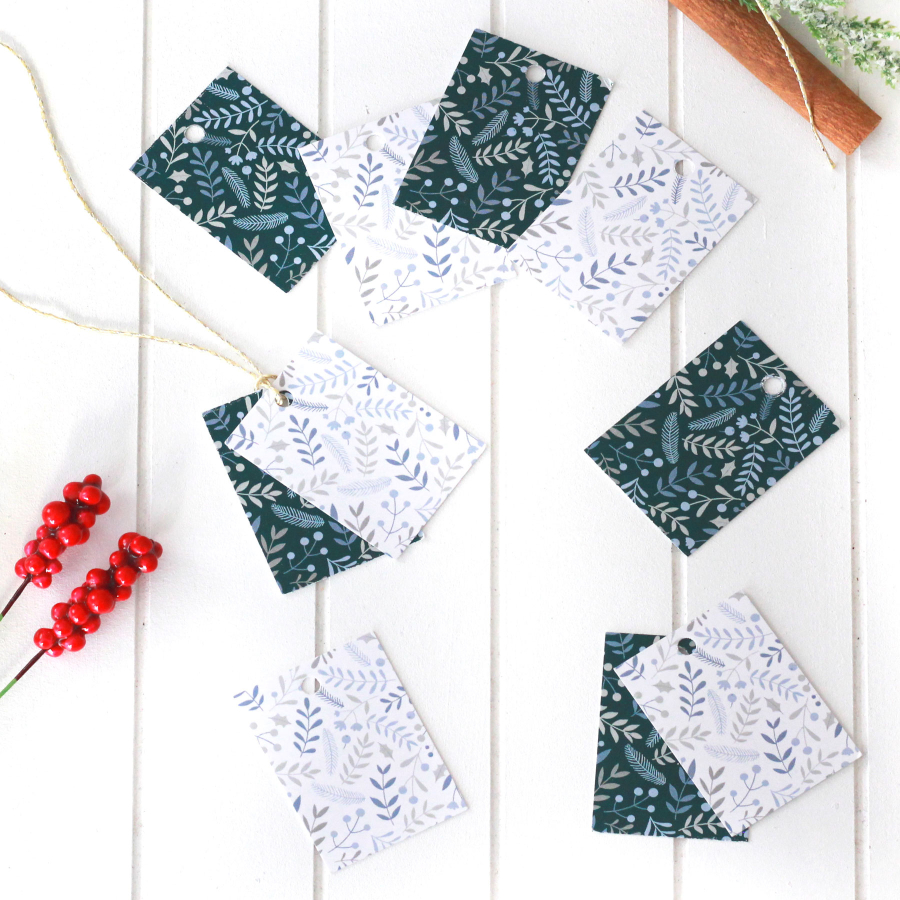 Christmas leaf patterned rectangular Hang Tag set, Green-White / 10 pcs (3.5x4.9 cm) - 1