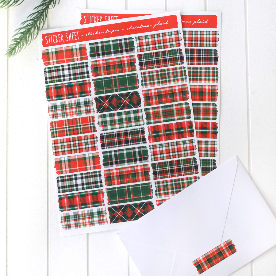 Christmas plaid shaped sticker / tape, 1.4x4.5 cm / 2 sheets - 1