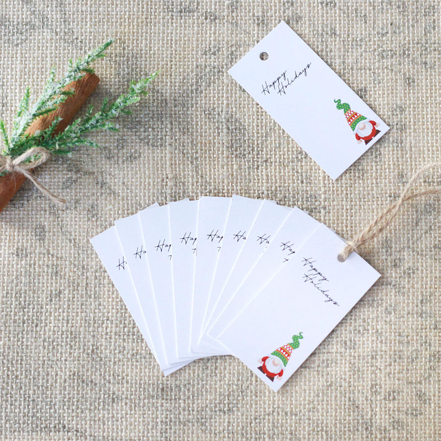 Rectangular Hang Tags with Christmas Gnome figure, White / 10 pcs (3.5x7 cm) - 1