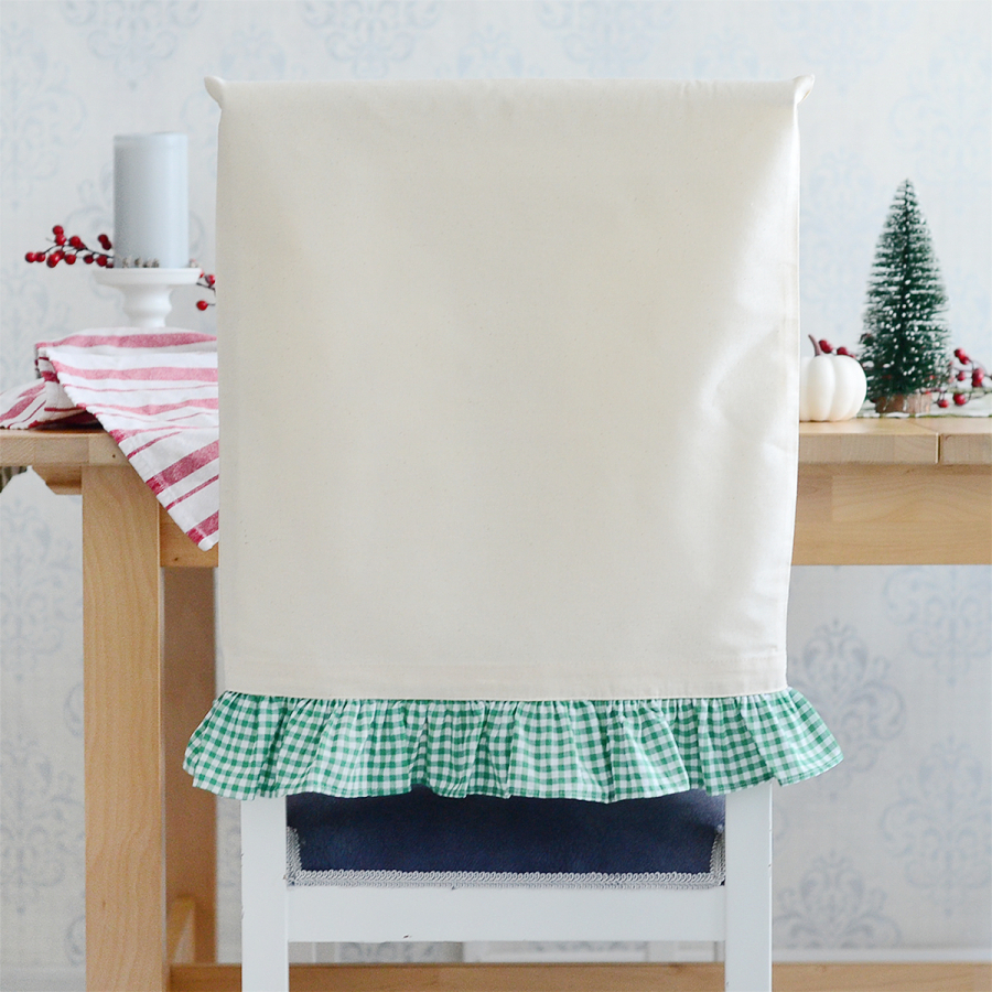 Green and white gingham ruffled cream raw cloth chair cover, 47x52 cm - 1