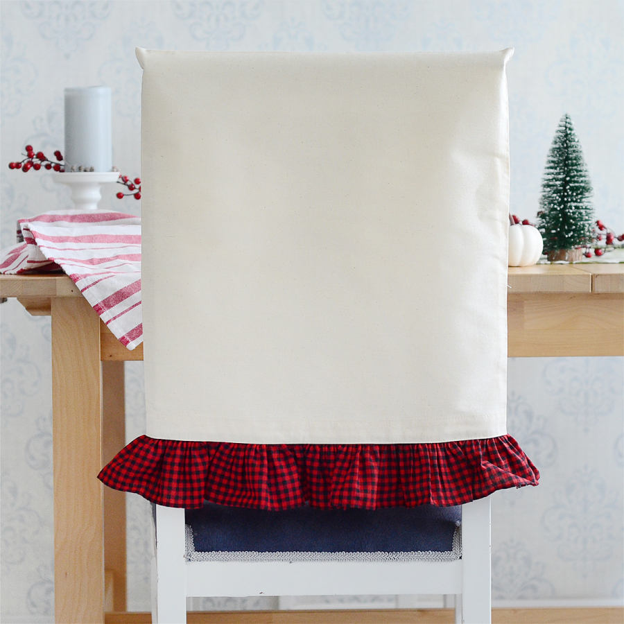 Red-black gingham ruffled cream raw cloth chair cover, 47x52 cm - 1