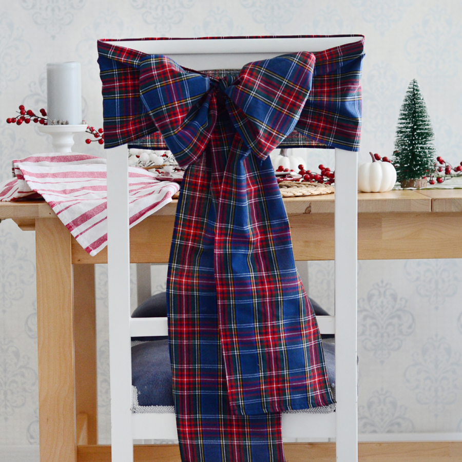 Chair decoration bow ribbon / navy blue plaid, 20x300 cm - 1