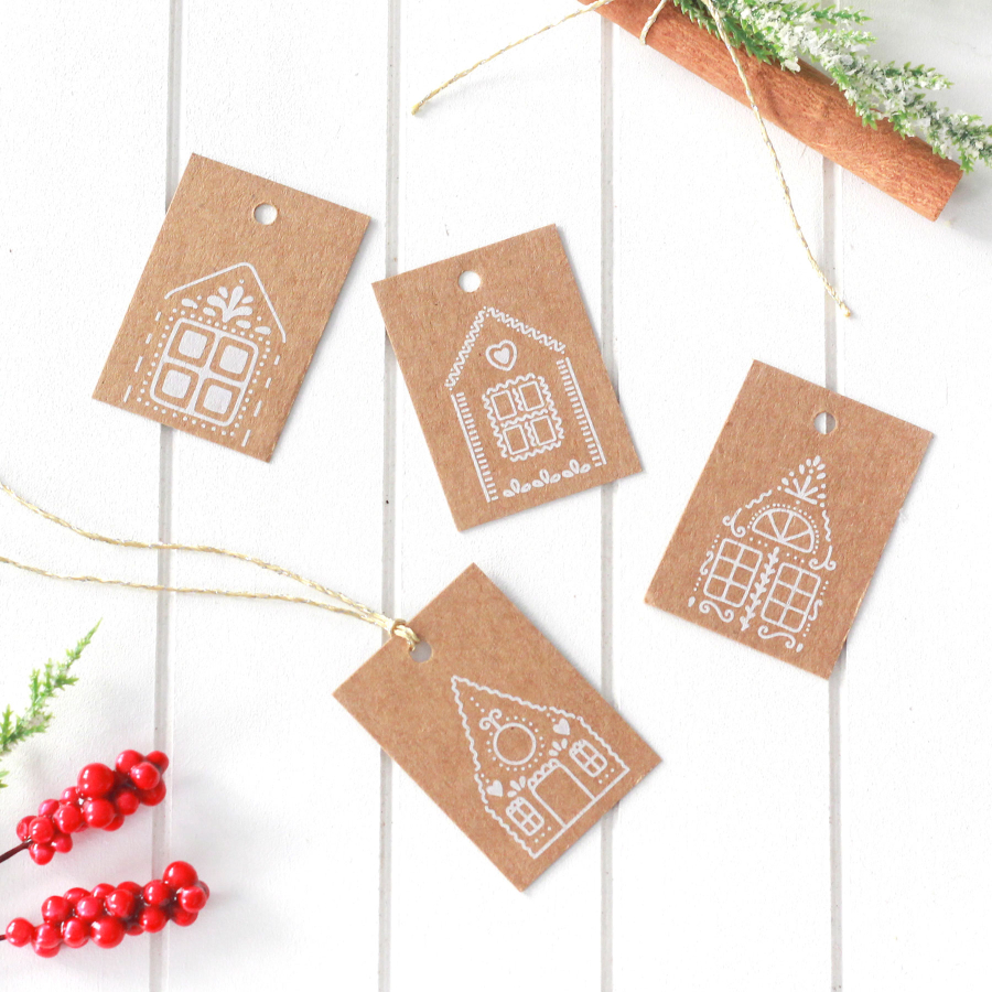 Christmas house printed kraft rectangular Hang Tags / 4 pcs (3.5x4.9 cm) - 1