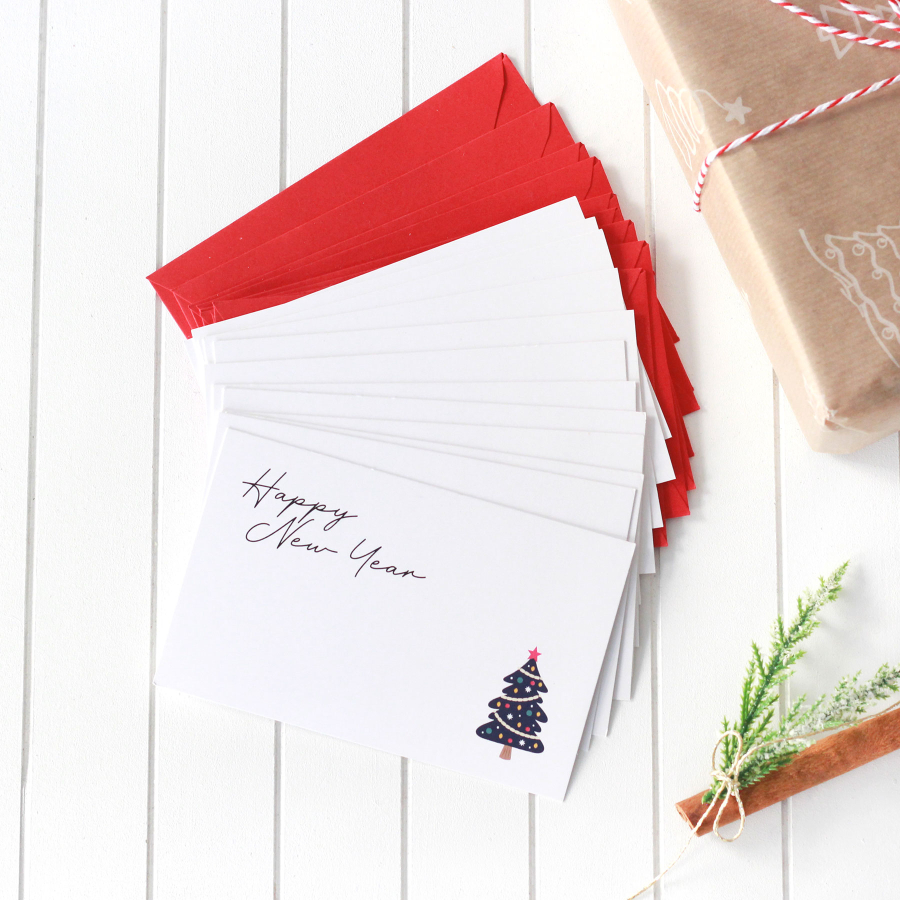 Christmas pine figured envelope card set, Happy New Year / 12 pcs (Navy blue) - 1