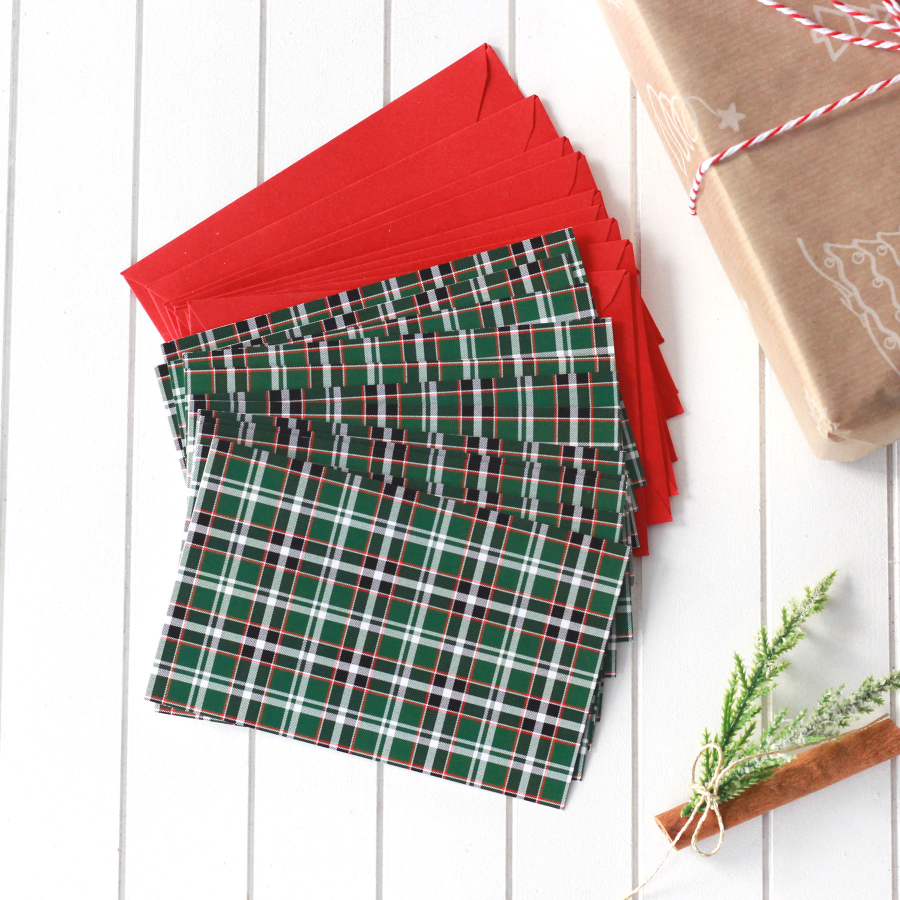 Christmas plaid envelope card set, 12 pcs (Green) - 1