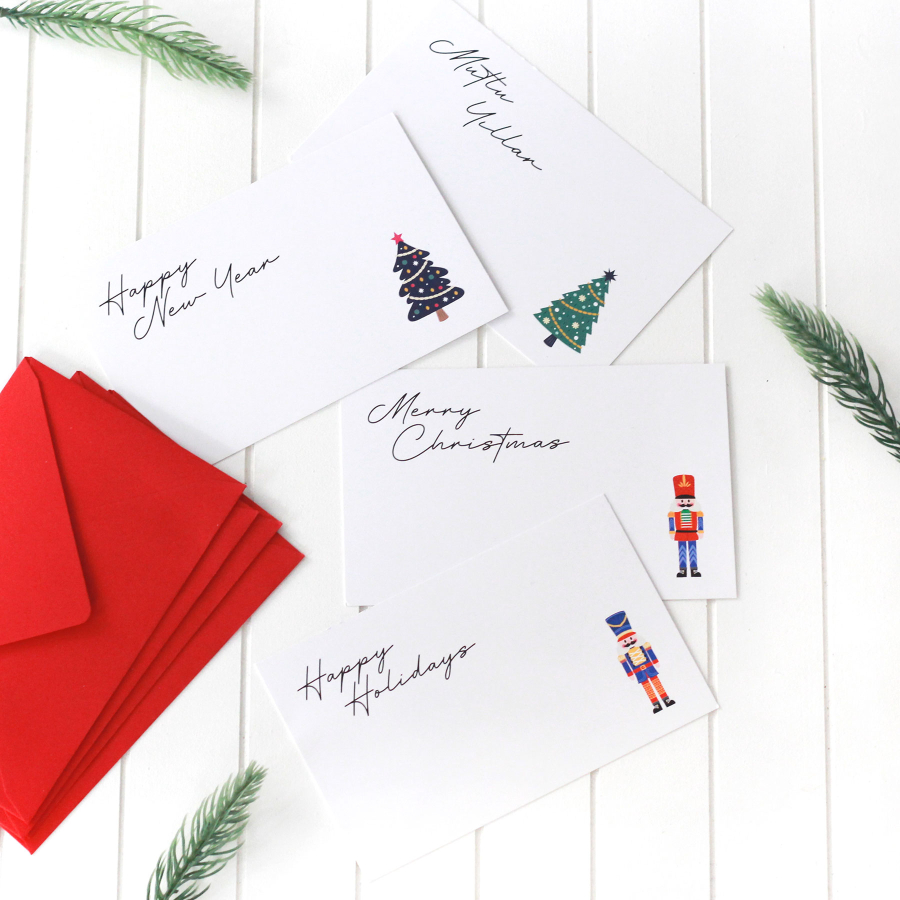 Christmas nutcracker and pine figured enveloped card set, 4 pcs - 1