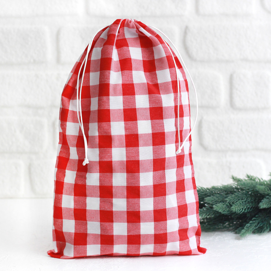 Christmas gift bag in red checked fabric with drawstring closure, 25x40 cm / 10 pcs - 1