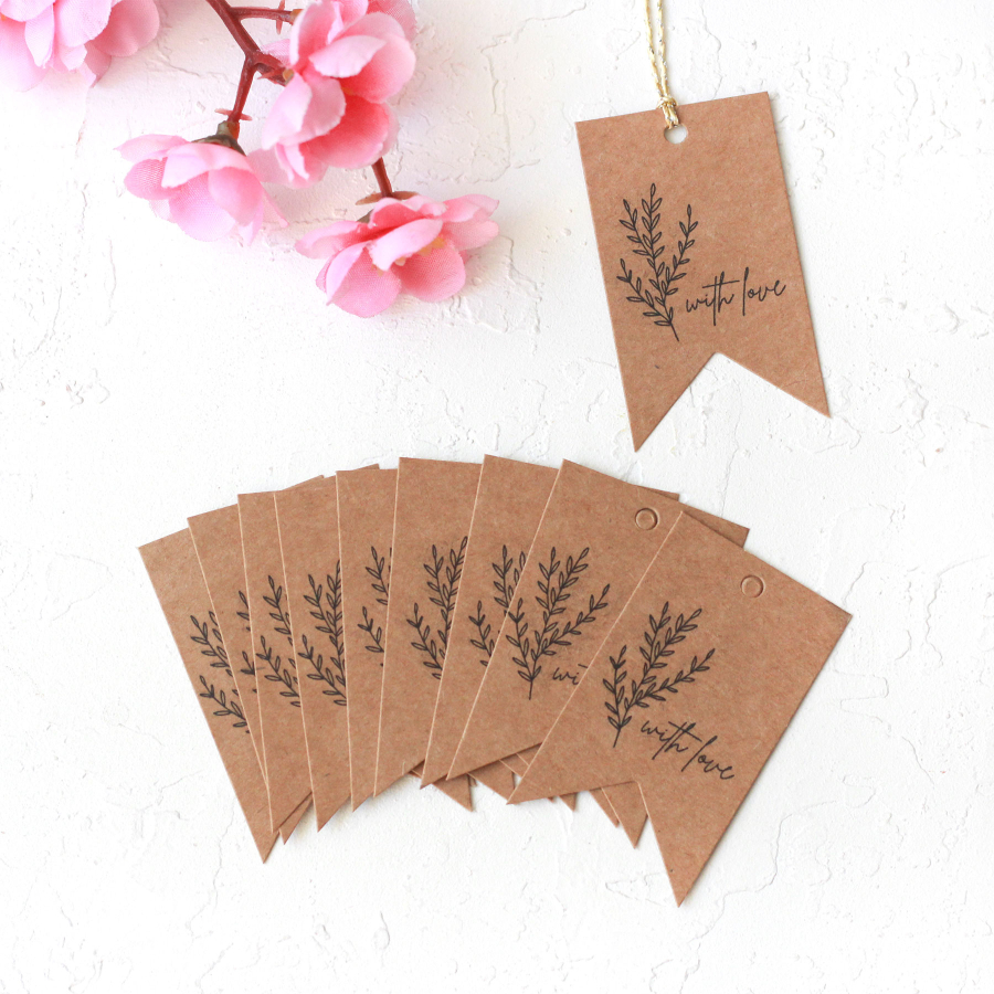 Hang Tags, with love printed, leaves / 20pcs - 2