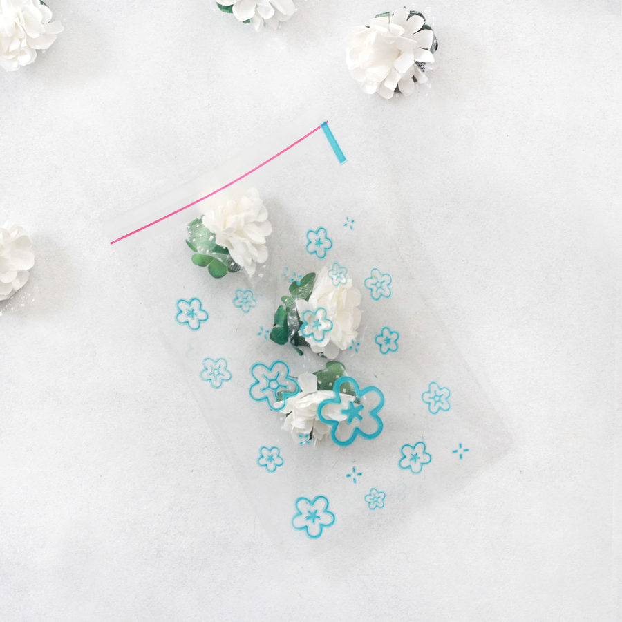 Clear Bag with blue floral pattern, adhesive / 10x15 cm (25 pcs) - 1