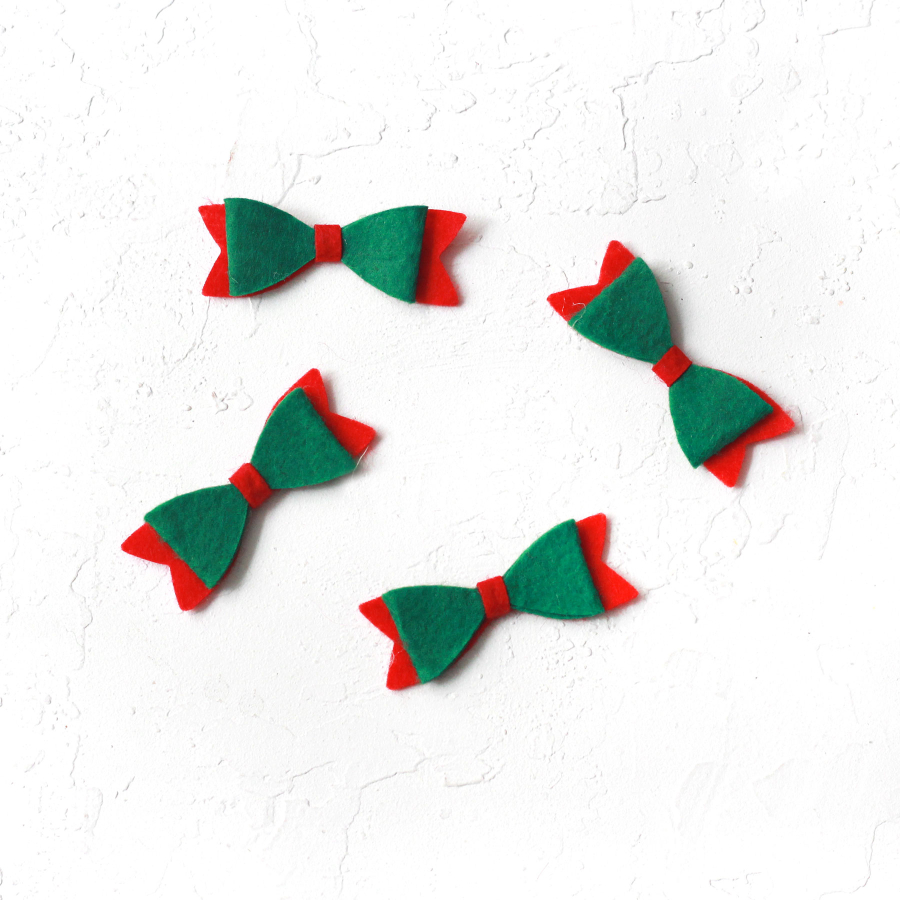 Felt motif, bow / Green on Red (4 pcs) - 1