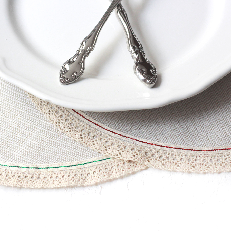 Poly-linen tray with cream lace edging and Glittered red-green stripes, 36 cm / 2 pcs - 3