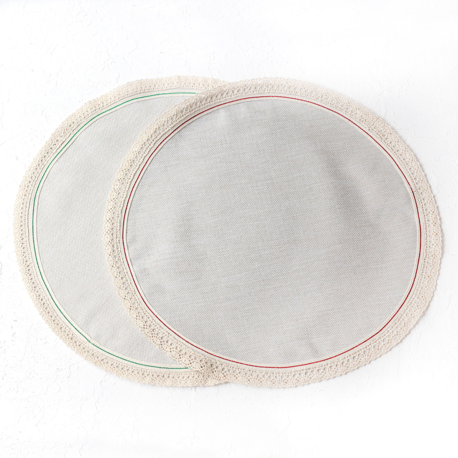 Poly-linen tray with cream lace edging and Glittered red-green stripes, 36 cm / 6 pcs - 4