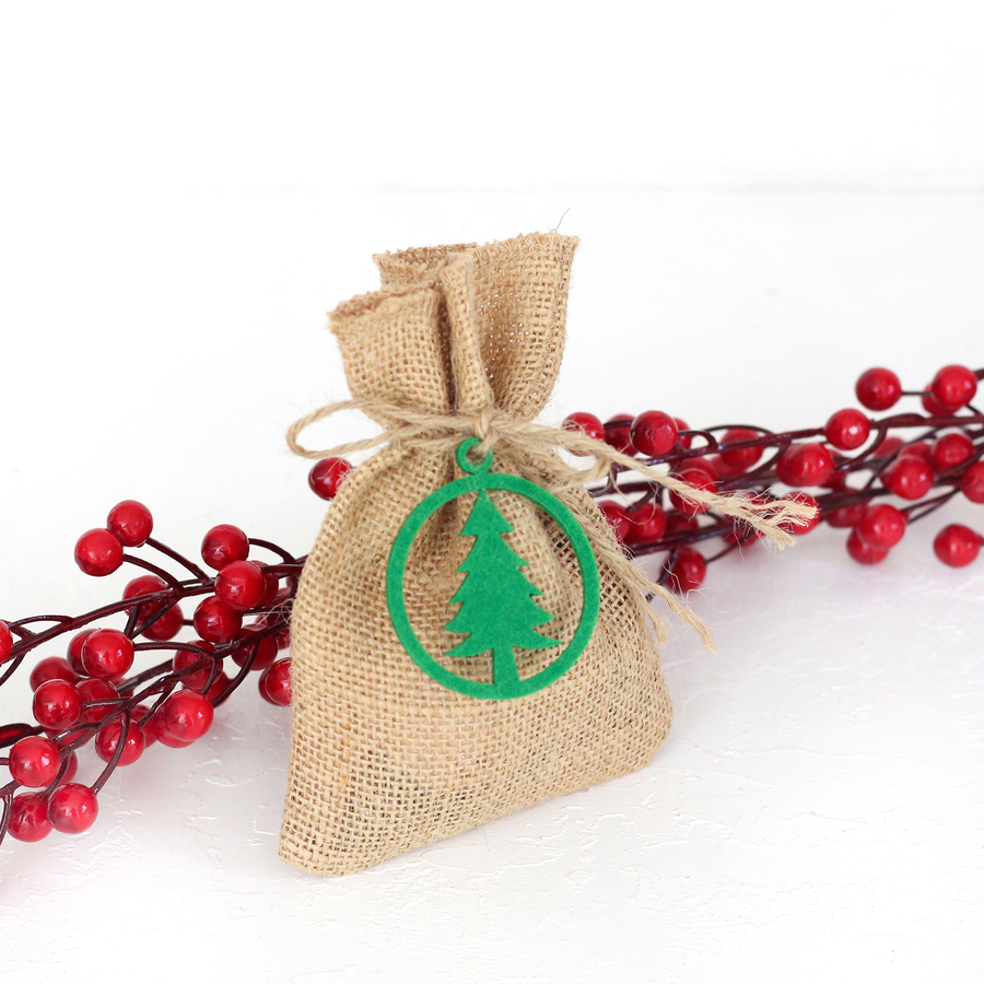 Felt pine decorated flat jute pouch, 10x15 cm / Green (2 pcs) - 1