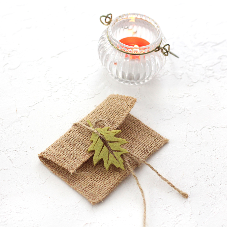 Small jute envelope with felt leaves, 7x10 cm / Green (3 pcs) - 3