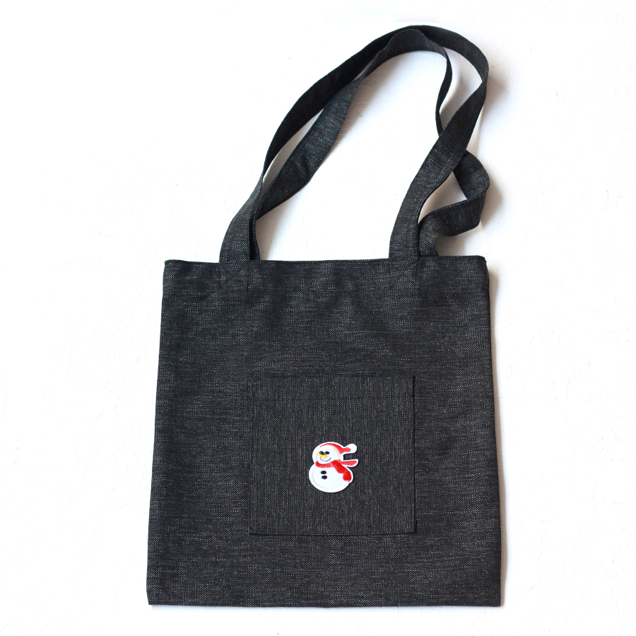 Snowman, black poly-linen fabric bag, 35x40 cm - 1