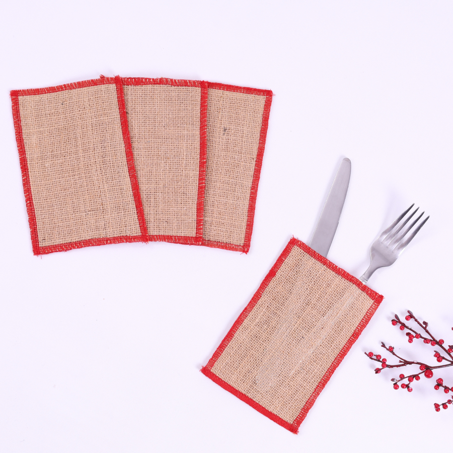 Jute cutlery service with red overlock edge, 10x15 cm / 4 pcs - 1