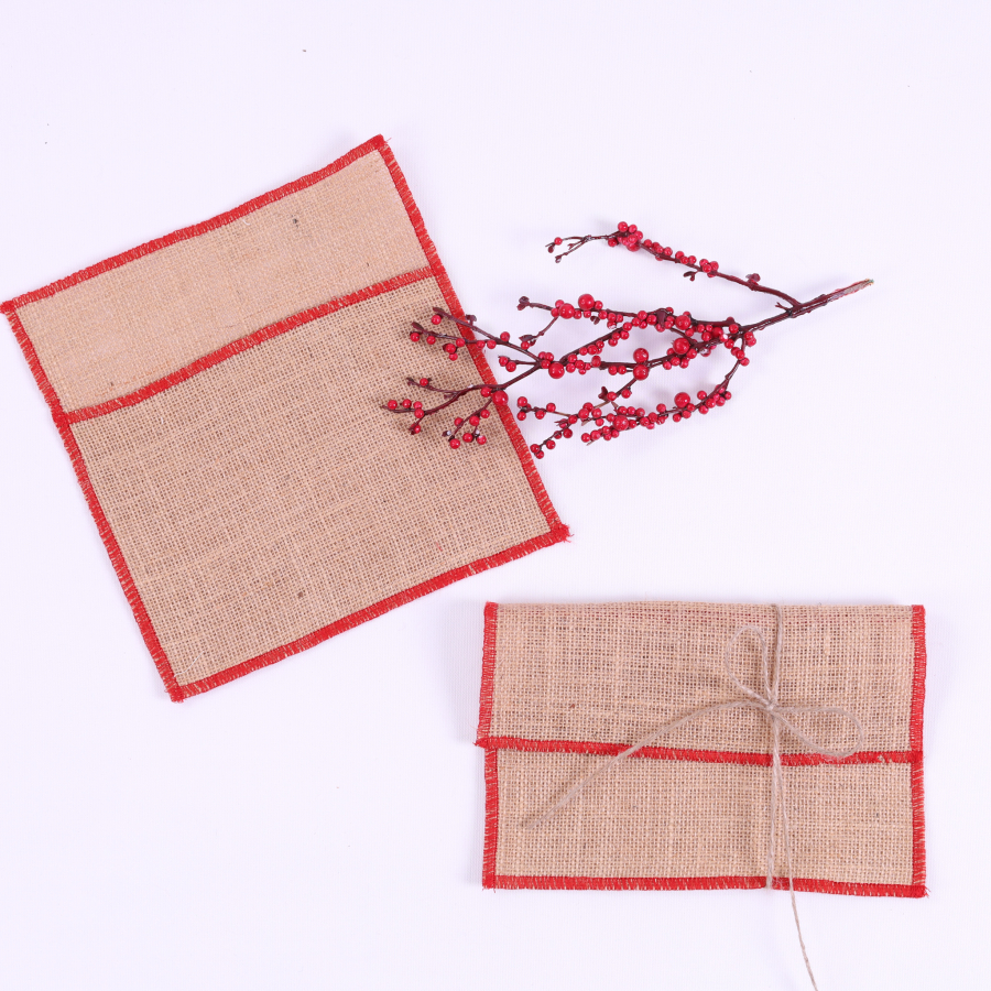 Jute envelope with red overlock edge, 14x19 cm / 10 pcs - 2