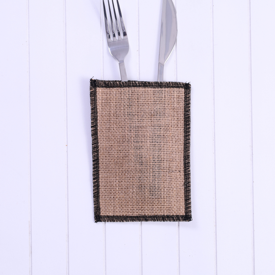 Jute cutlery service with black overlock edge, 10x15 cm / 4 pcs - 2