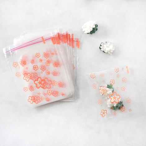 Clear Bag with orange floral pattern, adhesive / 10x15 cm (5 pcs) - Bimotif