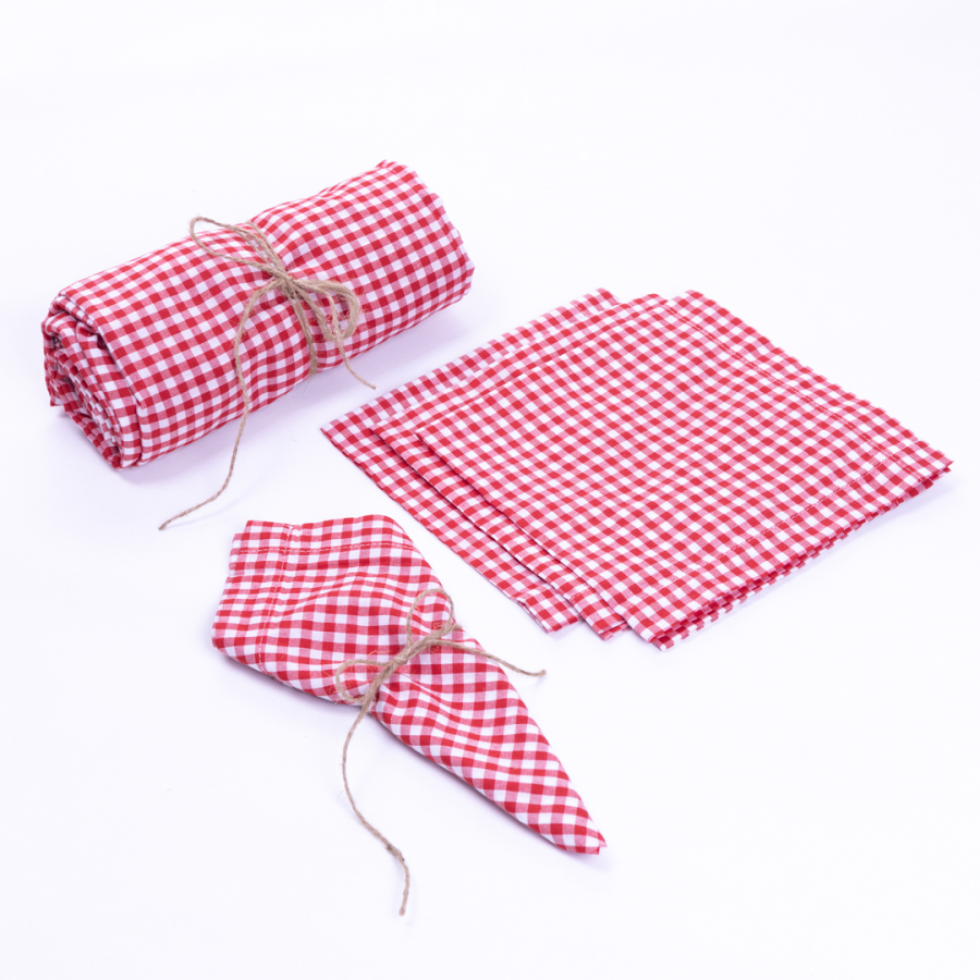 Gingham tablecloth, napkin picnic set 5 pcs, red - 1