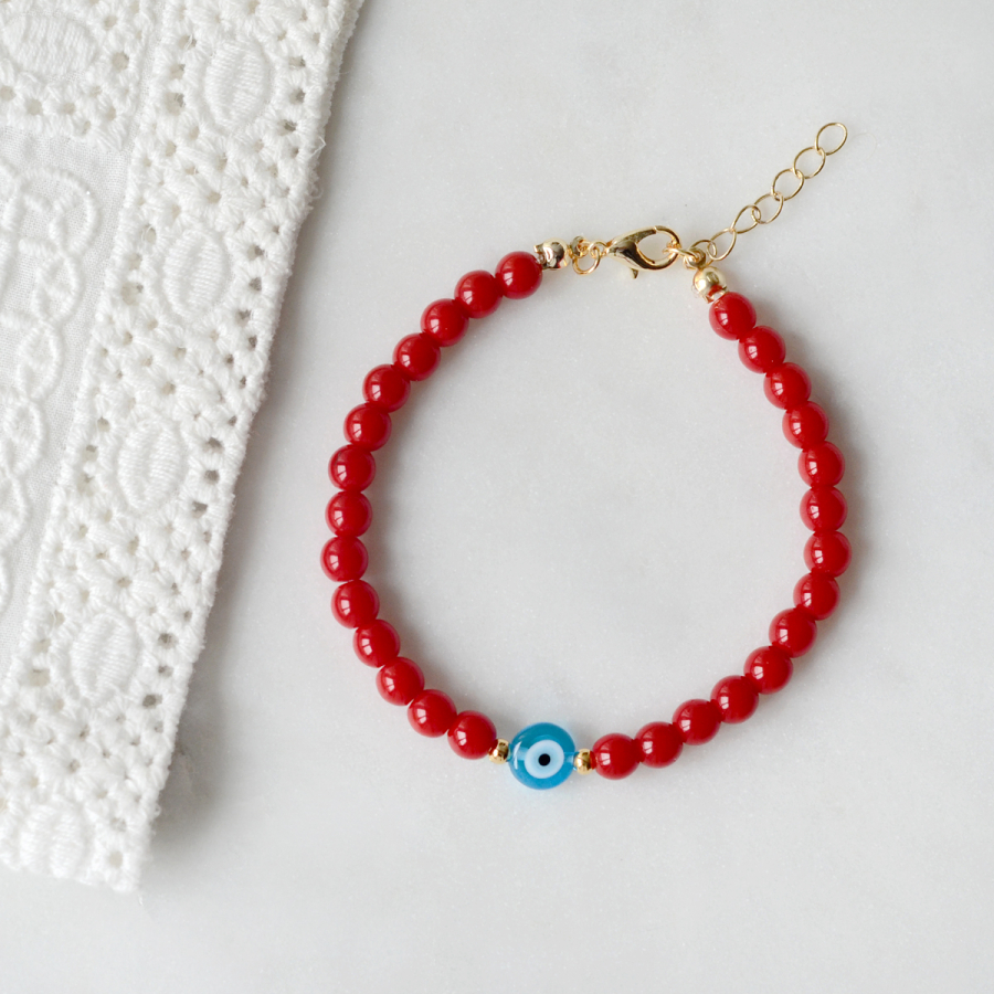 Light blue Murano glass charm bracelet with gold plated red jade beads - 1