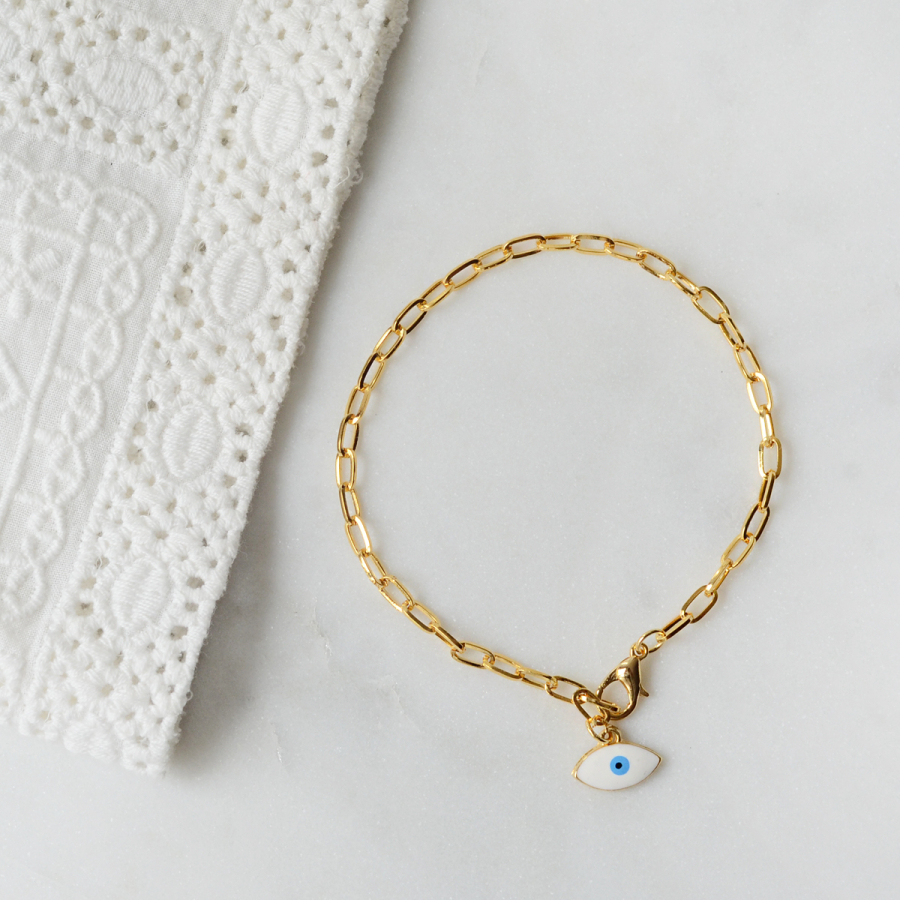 Gold plated paperclip chain bracelet with evil eye - 1