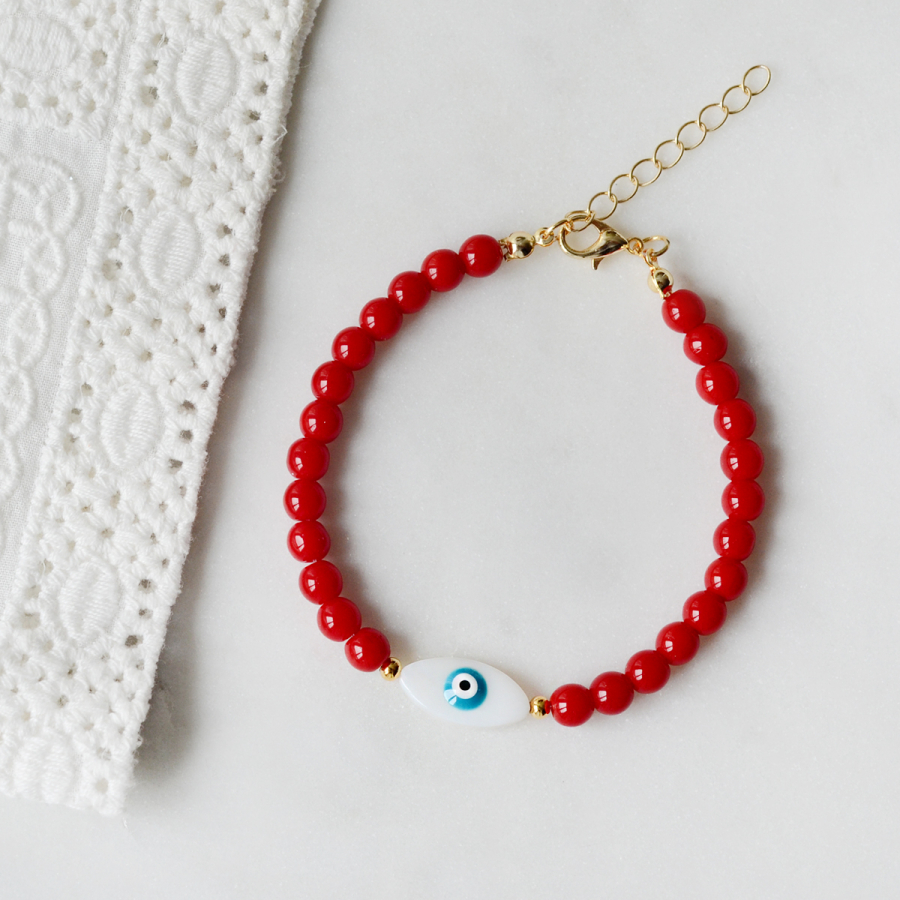 Gold-plated ball red jade bead bracelet with pearl eye evil eye - 1